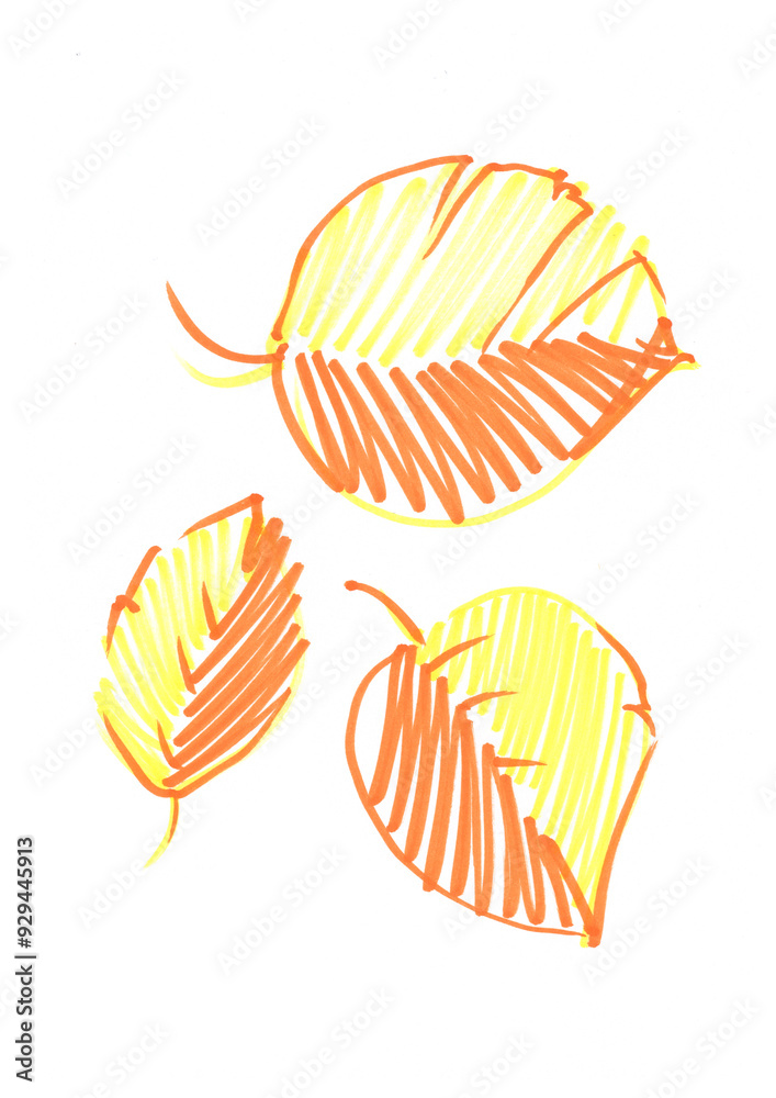Autumn yellow apple tree leaf, hand-drawn with a felt-tip pen on a white background. Autumn leaf with felt-tip pen in doodle style, isolated element Autumn yellow apple tree leaf, hand-drawn with a felt-tip pen on a white background. Autumn leaf with felt-tip pen in doodle style, isolated element