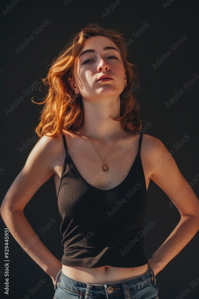 A woman with striking red hair wearing a black tank top, ready for action A woman with striking red hair wearing a black tank top, ready for action