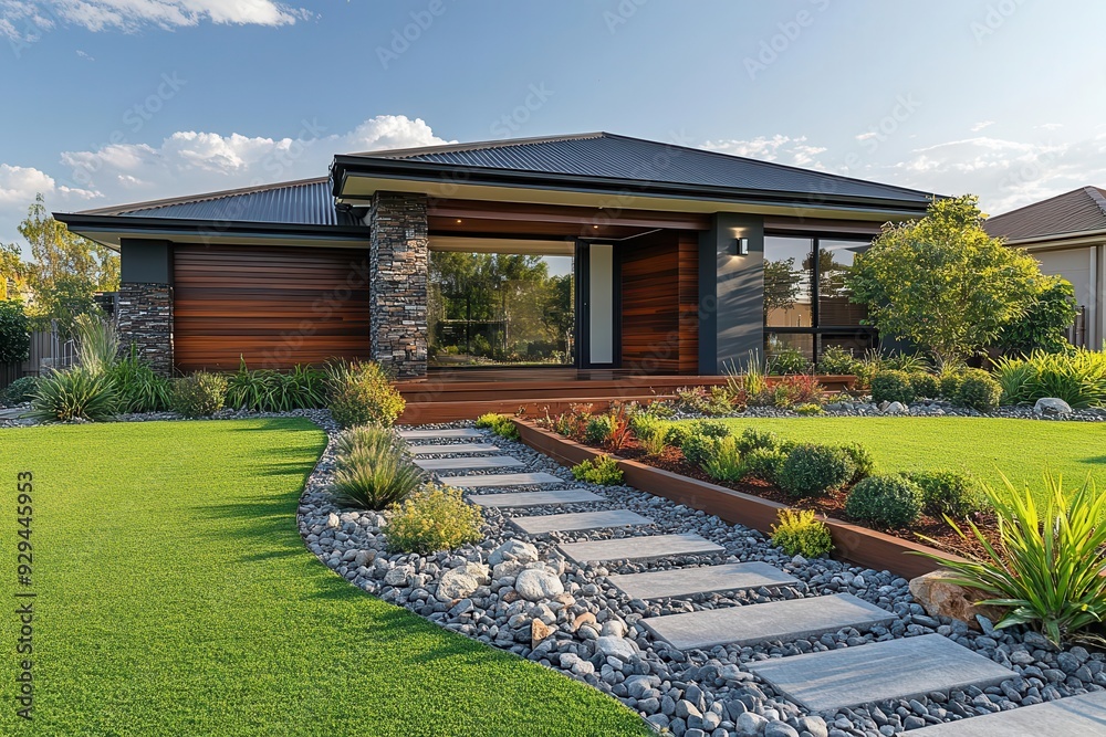 Fototapeta premium modern landscape design sleek artificial turf bordered by contemporary wooden edging creating a lowmaintenance yet stylish front yard for an australian home