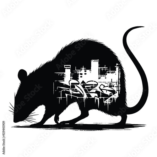 silhouette of rat filled with graffiti street wall in rough drawing, photo