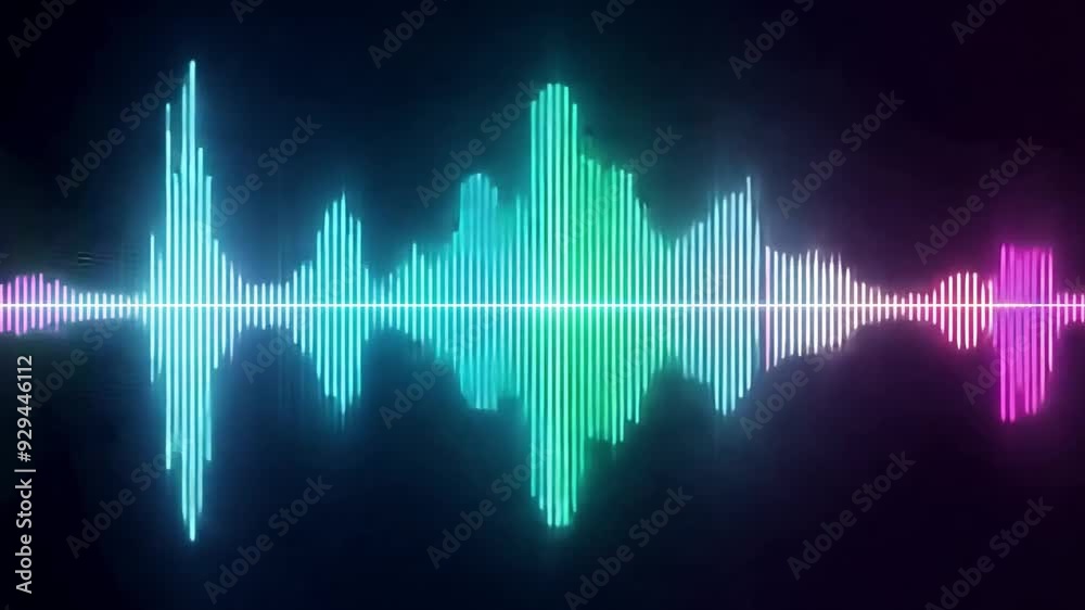 A vibrant audio waveform in shades of blue and pink illustrates sound frequency patterns against a black backdrop, symbolizing music and sound.