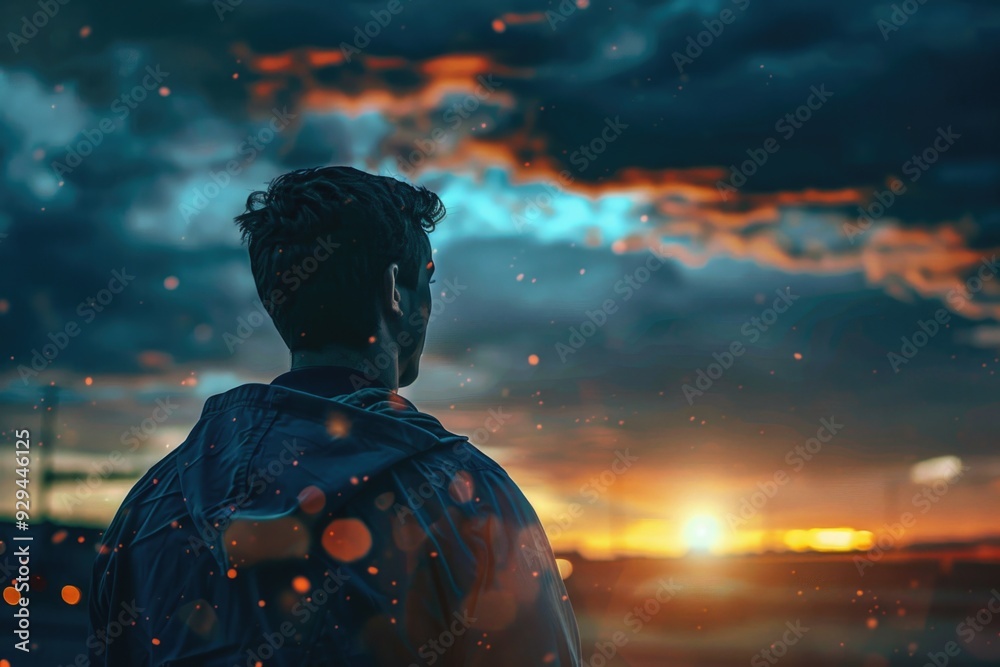 Fototapeta premium A person standing in front of a beautiful sunset with orange and pink hues