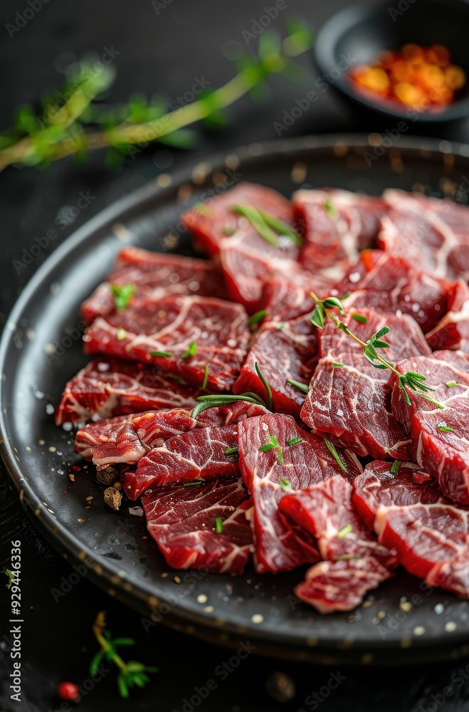 Close-up of raw beef slices garnished with herbs on a dark plate, ready for cooking. Close-up of raw beef slices garnished with herbs on a dark plate, ready for cooking.