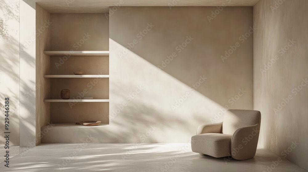 Minimalist living room with floating shelves and a single armchair Minimalist living room with floating shelves and a single armchair