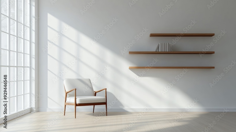 Minimalist living room with floating shelves and a single armchair Minimalist living room with floating shelves and a single armchair