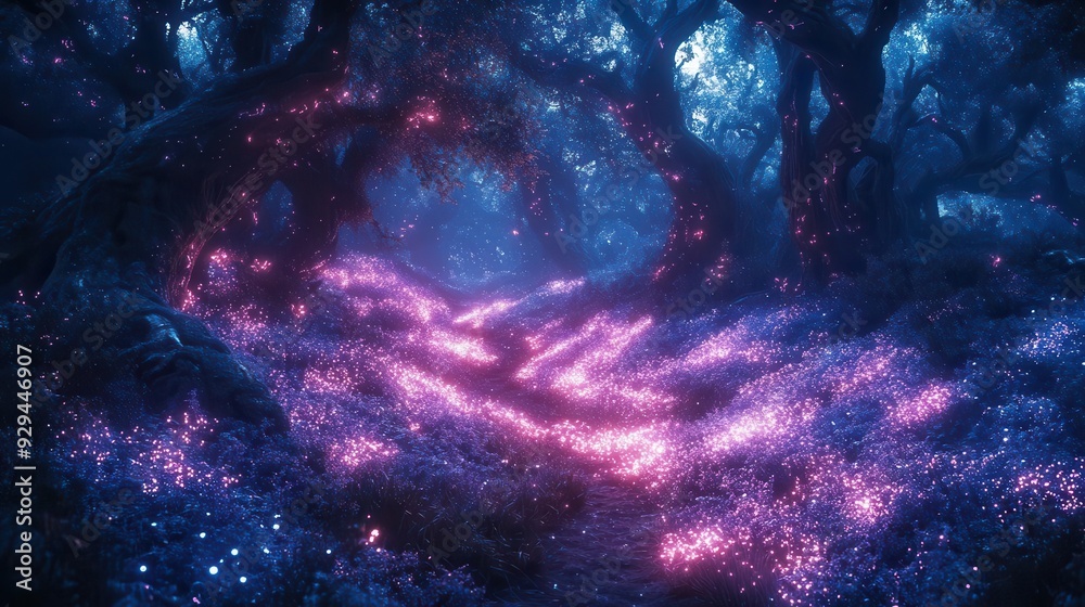 Fototapeta premium mystical bioluminescent forest at twilight ethereal glowing flora misty atmosphere and otherworldly creatures hidden among twisted trees