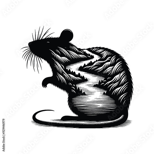 silhouette of rat filled with river view in rough drawing,