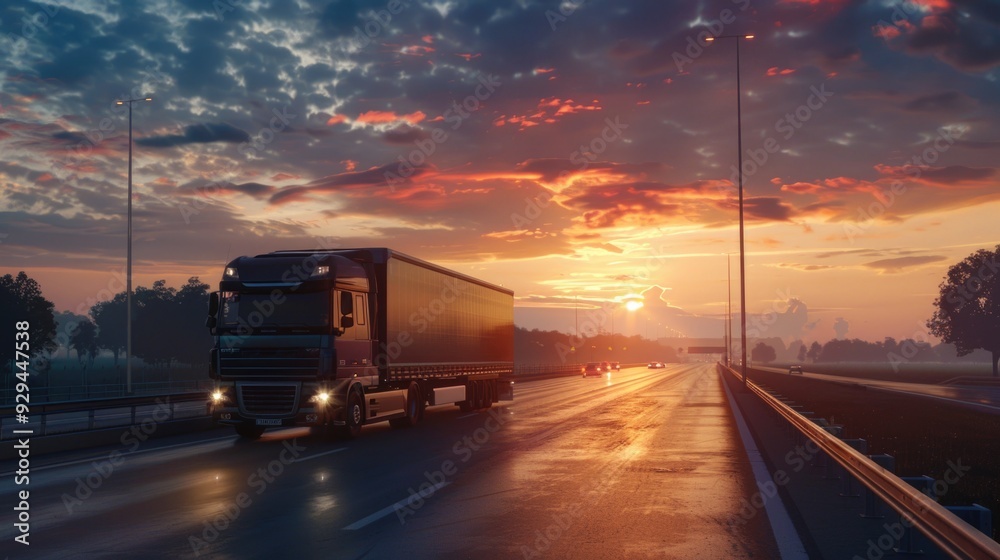 A semi truck drives along the highway during a beautiful sunset A semi truck drives along the highway during a beautiful sunset