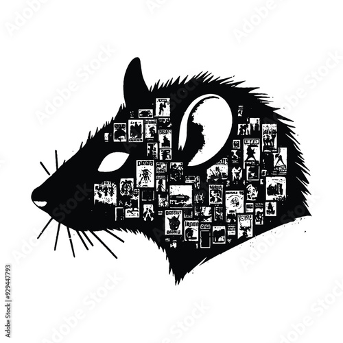 silhouette of rat, filled with vintage punk's poster collage wall in rough drawing, photo