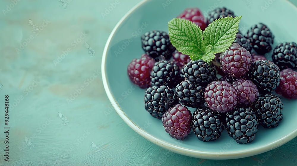 A plate of fresh blackberries and raspberries garnished with a mint leaf. A plate of fresh blackberries and raspberries garnished with a mint leaf.
