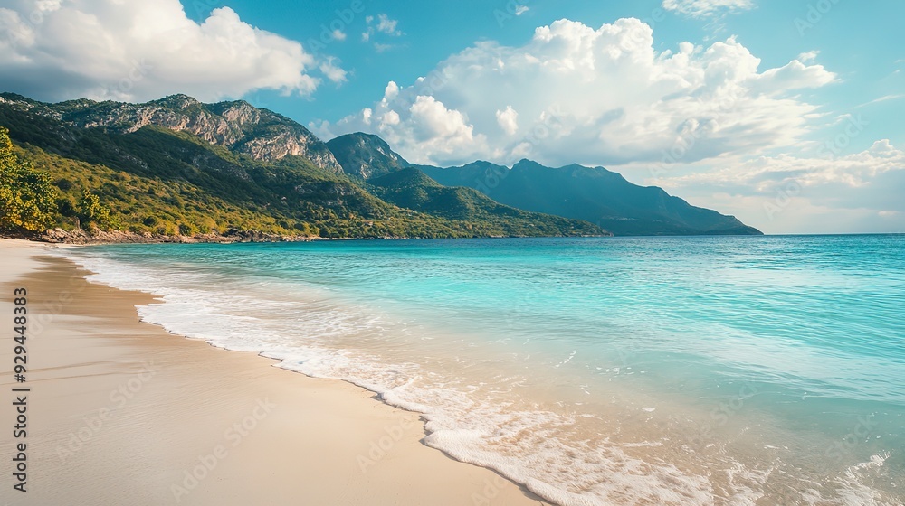 Obraz premium A beautiful beach scene with turquoise waters, mountainous backdrop, and a tranquil coastal ambiance.