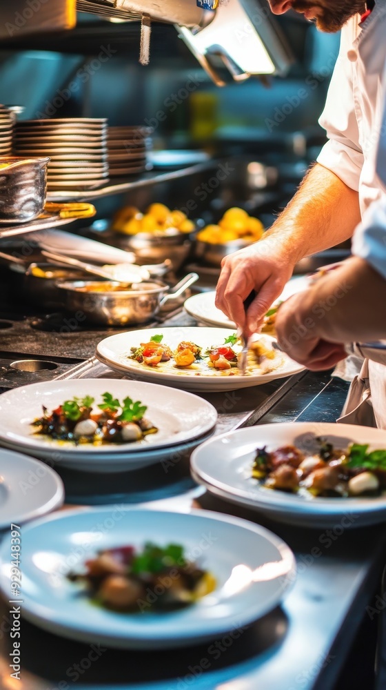 Obraz premium Chefs arrange exquisite plates of gourmet food in a bustling restaurant environment