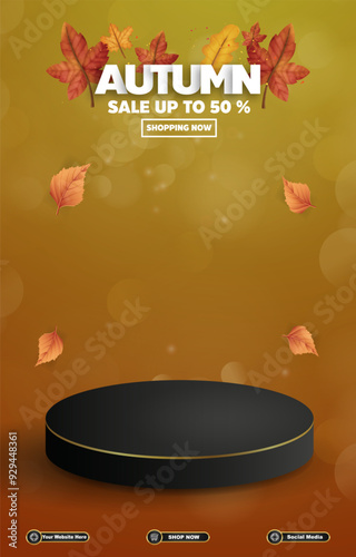 autumn sale discount portait template banner with blank space 3d podium for social media feed product sale with abstract gradient brown background design
