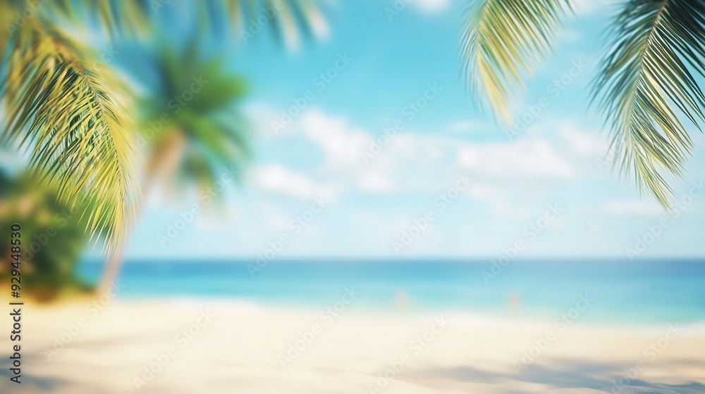 Fototapeta premium Summers Paradise A blurred background of a beautiful sandy beach with palm trees and a blue sky, a perfect summer vacation concept banner 