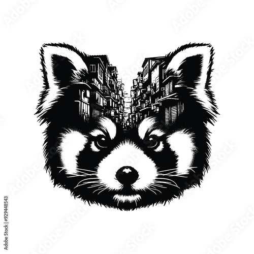 silhouette of red panda, filled with ghetto street in rough drawing,