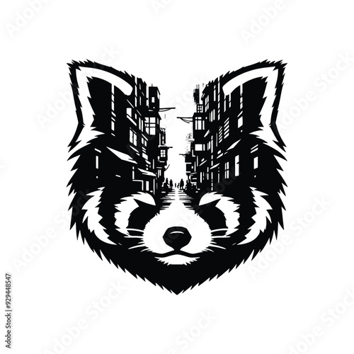 silhouette of red panda, filled with ghetto street in rough drawing,