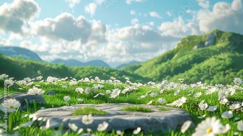 3d render platform and Natural background, Stone podium on dry grassland in the valley for product stand display, advertising, mockup. 