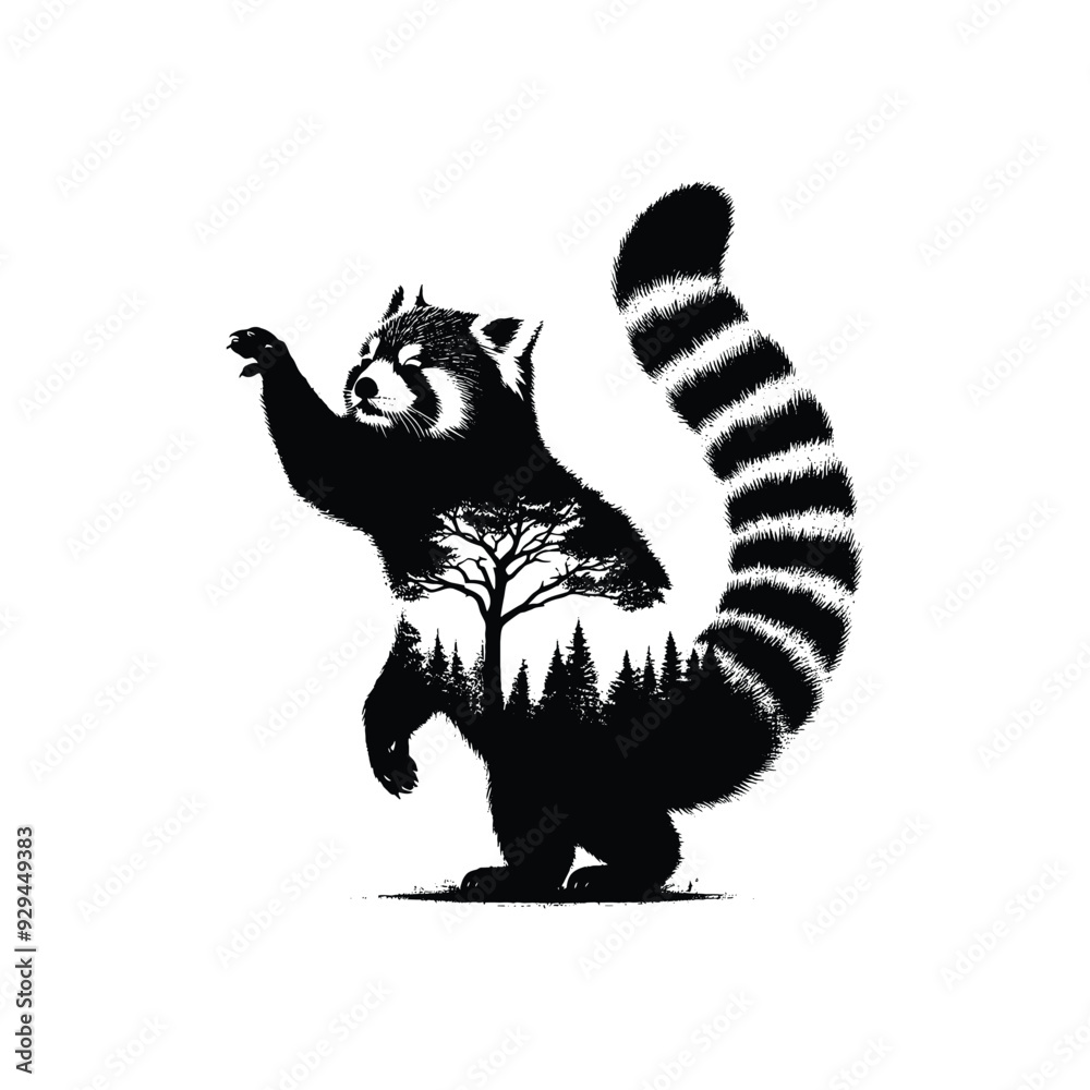 silhouette of red panda filled with nature view in rough drawing, silhouette of red panda filled with nature view in rough drawing,