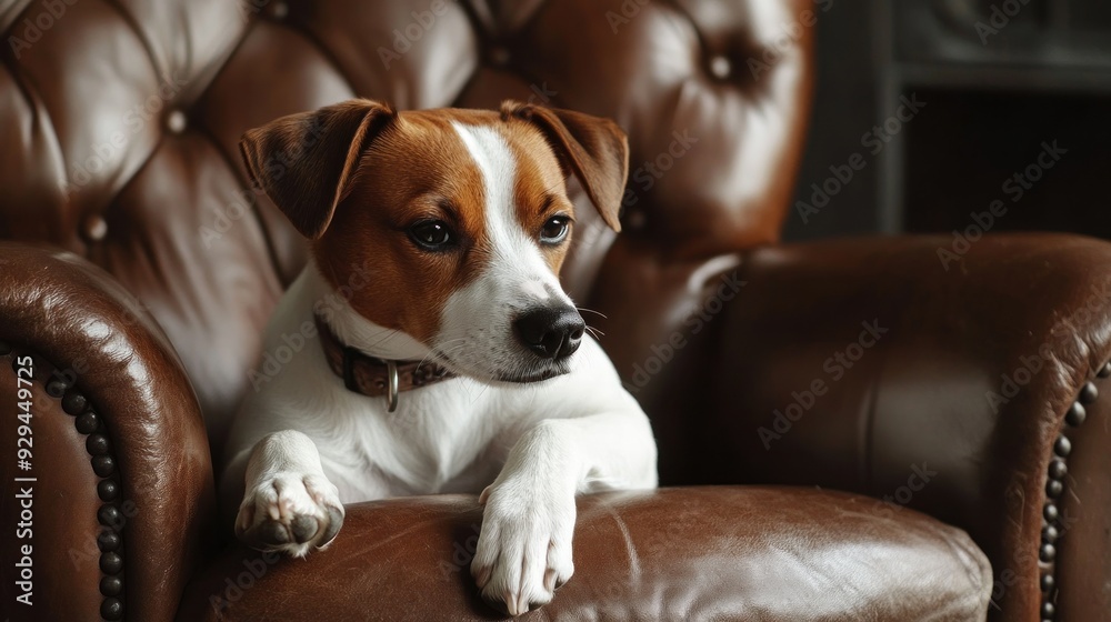 Cute Dog Relaxing on a Brown Leather Chair Cute Dog Relaxing on a Brown Leather Chair