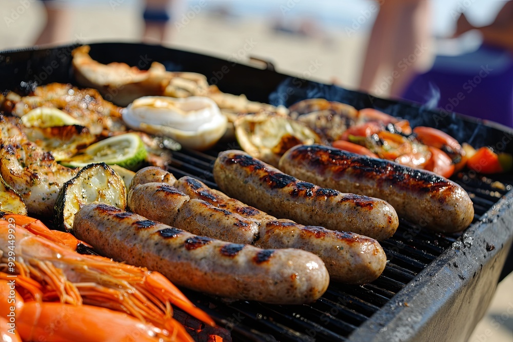 Friends enjoy grilling sausages, seafood, and vegetables on the beach under clear skies. Generative AI Friends enjoy grilling sausages, seafood, and vegetables on the beach under clear skies. Generative AI