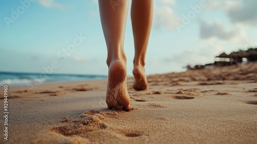 Fototapeta Naklejka Na Ścianę i Meble -  Closeup of woman feet walking on sand beach 