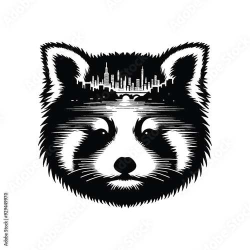 silhouette of red panda, filled with river view in rough drawing,