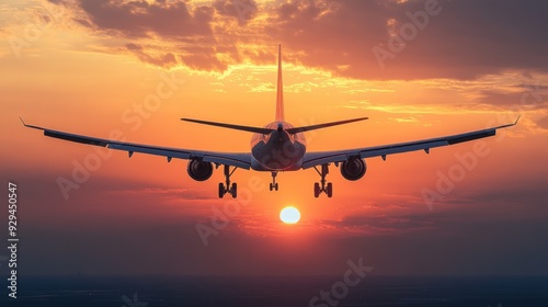 Airplane Landing at Sunset