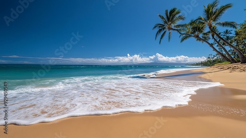 Serene tropical beach scene featuring palm trees, a clear blue sky, and turquoise ocean waves gently washing onto the sandy shore.