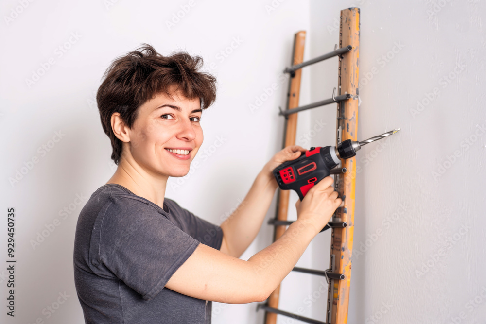 Woman with a drill near wall Woman with a drill near wall