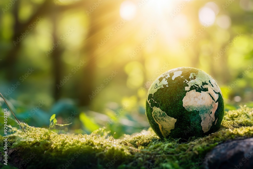 Earth Day - Environment - Green Globe In Forest With Moss And Defocused Abstract Sunlight , ai Earth Day - Environment - Green Globe In Forest With Moss And Defocused Abstract Sunlight , ai