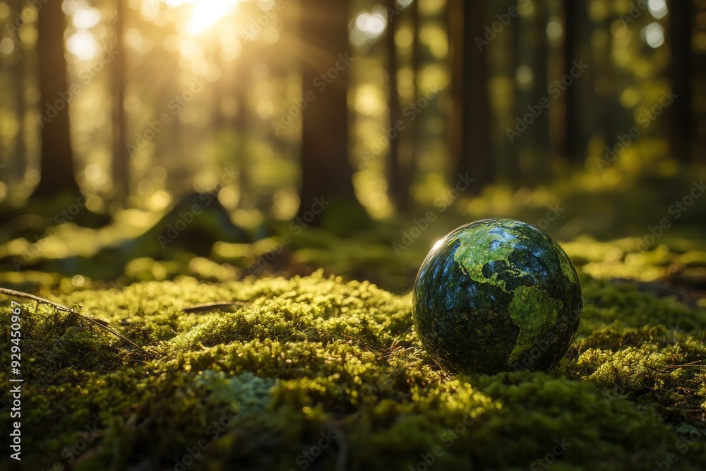 Earth Day - Environment - Green Globe In Forest With Moss And Defocused Abstract Sunlight , ai Earth Day - Environment - Green Globe In Forest With Moss And Defocused Abstract Sunlight , ai
