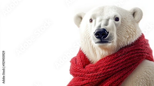 A polar bear wearing a red scarf, conveying a playful and festive atmosphere.