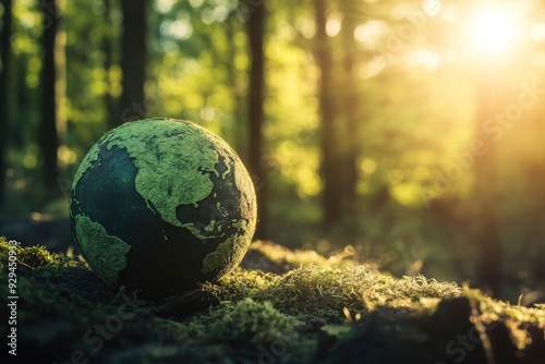 Earth Day - Environment - Green Globe In Forest With Moss And Defocused Abstract Sunlight , ai