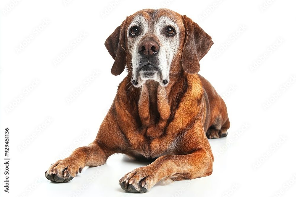 Fantastic looking elder dog, sitting side ways one paw lifted looking at camera, isolated on a white background , ai Fantastic looking elder dog, sitting side ways one paw lifted looking at camera, isolated on a white background , ai