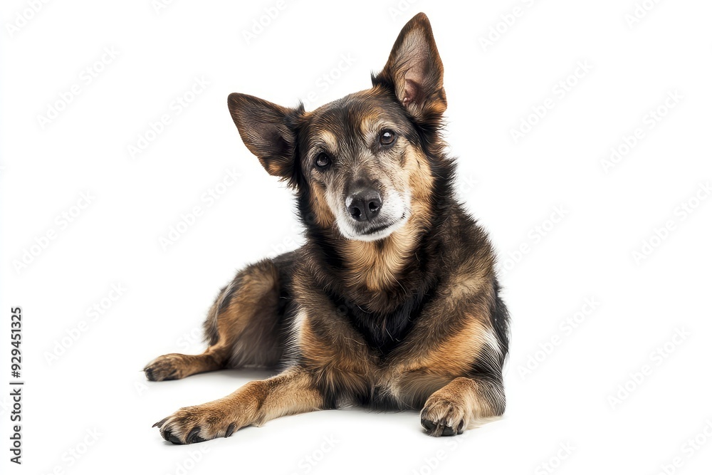 Fantastic looking elder dog, sitting side ways one paw lifted looking at camera, isolated on a white background , ai Fantastic looking elder dog, sitting side ways one paw lifted looking at camera, isolated on a white background , ai