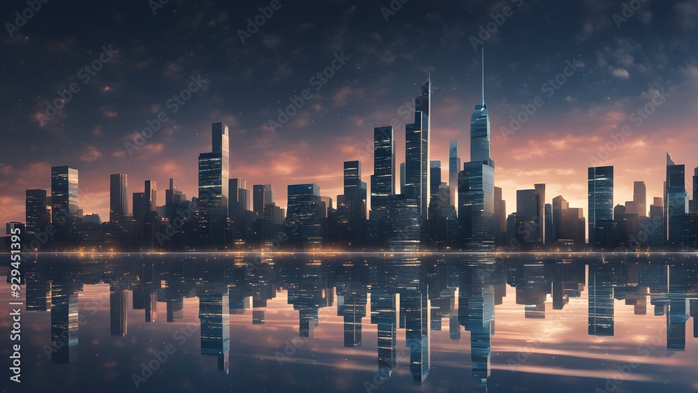 A city skyline is reflected in the water, with the sun setting in the background A city skyline is reflected in the water, with the sun setting in the background
