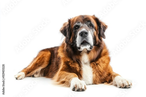 Fantastic looking elder dog, sitting side ways one paw lifted looking at camera, isolated on a white background , ai