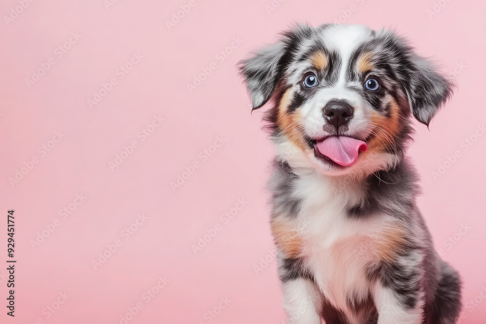 Fototapeta premium Funny and hungry Australian shepherd puppy dog eating and licking its lips with tongue. Isolated on color pastel background on summer or spring season , ai