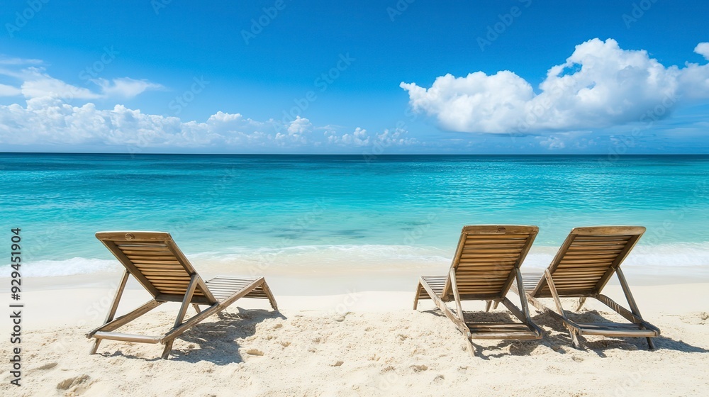two lounge chairs on a sandy beach with blue sky two lounge chairs on a sandy beach with blue sky