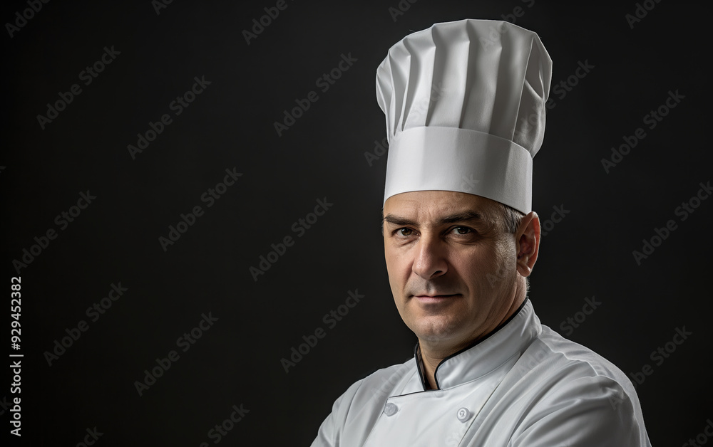 Professional Chef. Portrait male chef with cook hat, white uniform. Portrait of an old Italian or French chef, standing in the kitchen, restaurant, cooking class, cooking school. Realistic style photo Professional Chef. Portrait male chef with cook hat, white uniform. Portrait of an old Italian or French chef, standing in the kitchen, restaurant, cooking class, cooking school. Realistic style photo