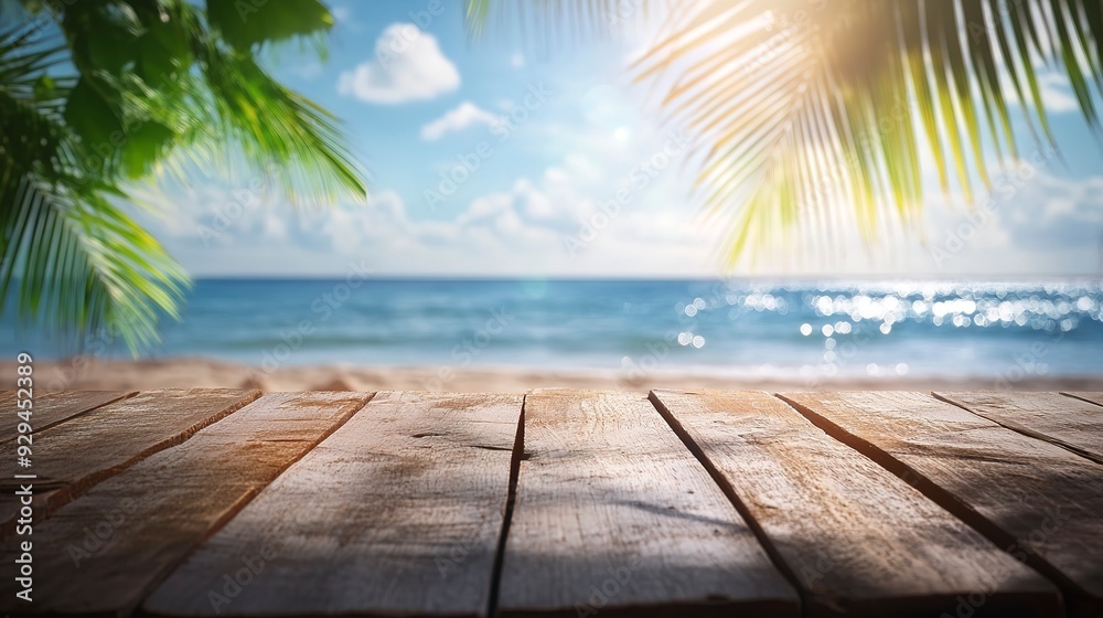 Top of wood table with seascape and palm leaves, blur bokeh light of calm sea and sky at tropical beach background Top of wood table with seascape and palm leaves, blur bokeh light of calm sea and sky at tropical beach background