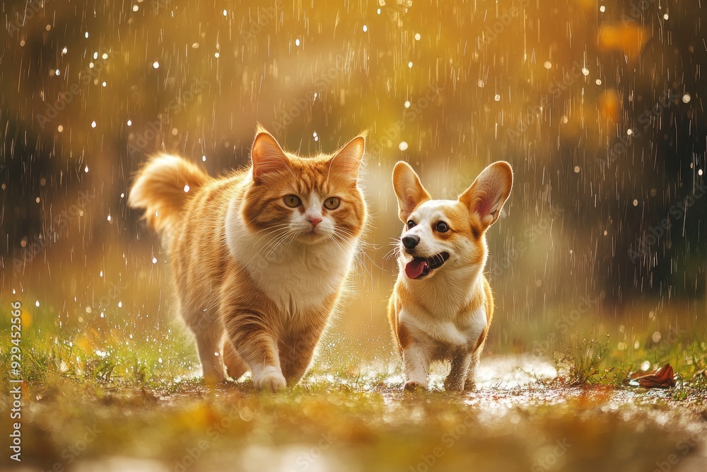 Obraz premium furry friends red cat and corgi dog walking in a summer meadow under the drops of warm rain , ai