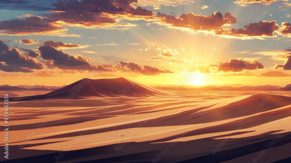 Anime desert landscape with towering sand dunes and a brilliant sunset casting long shadows Anime desert landscape with towering sand dunes and a brilliant sunset casting long shadows