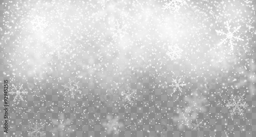 Realistic Christmas snow fall with snowflakes. Winter flakes overlay on transparent background. Vector Xmas or New Year layout template with blizzard, wintertime frost crystals descending from the sky