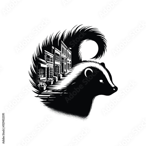 silhouette of Skunk, filled with ghetto street in rough drawing,