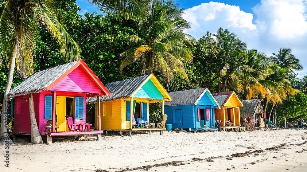 a row of colorful huts on a beach a row of colorful huts on a beach
