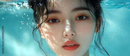 Attractive young Asian wet hair woman model with perfect fresh skin on underwater simulation of lighting. Face care, Facial treatment, Cosmetology, Plastic Surgery, Lovely girl portrait in studio