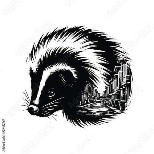 silhouette of Skunk, filled with ghetto street in rough drawing,