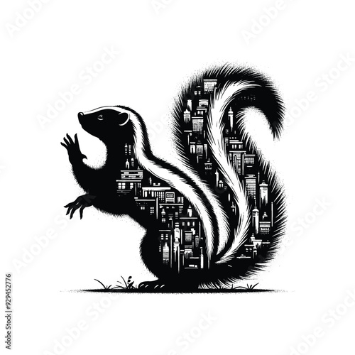 silhouette of Skunk filled with ghetto street in rough drawing,