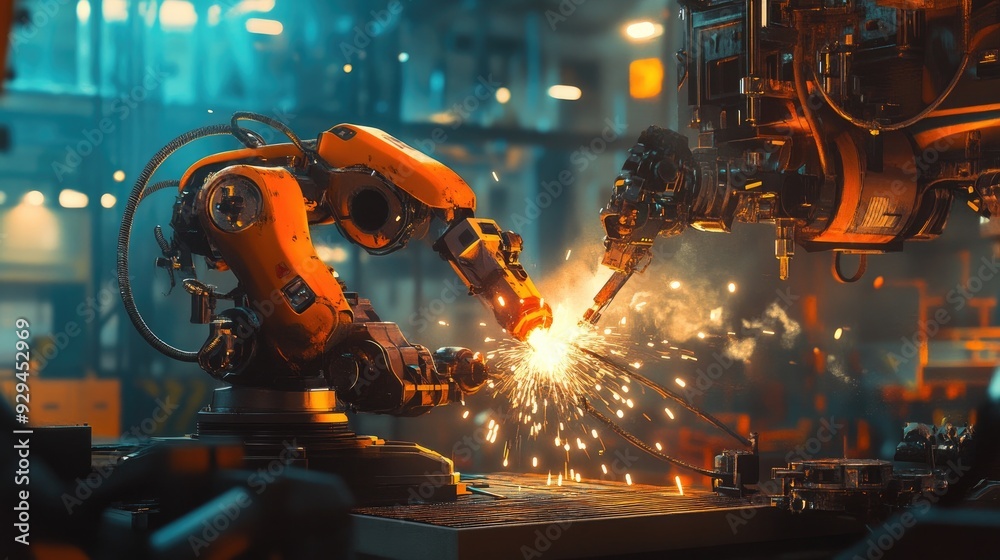 Anime robot welding parts together, sparks flying in a high-tech industrial setting Anime robot welding parts together, sparks flying in a high-tech industrial setting